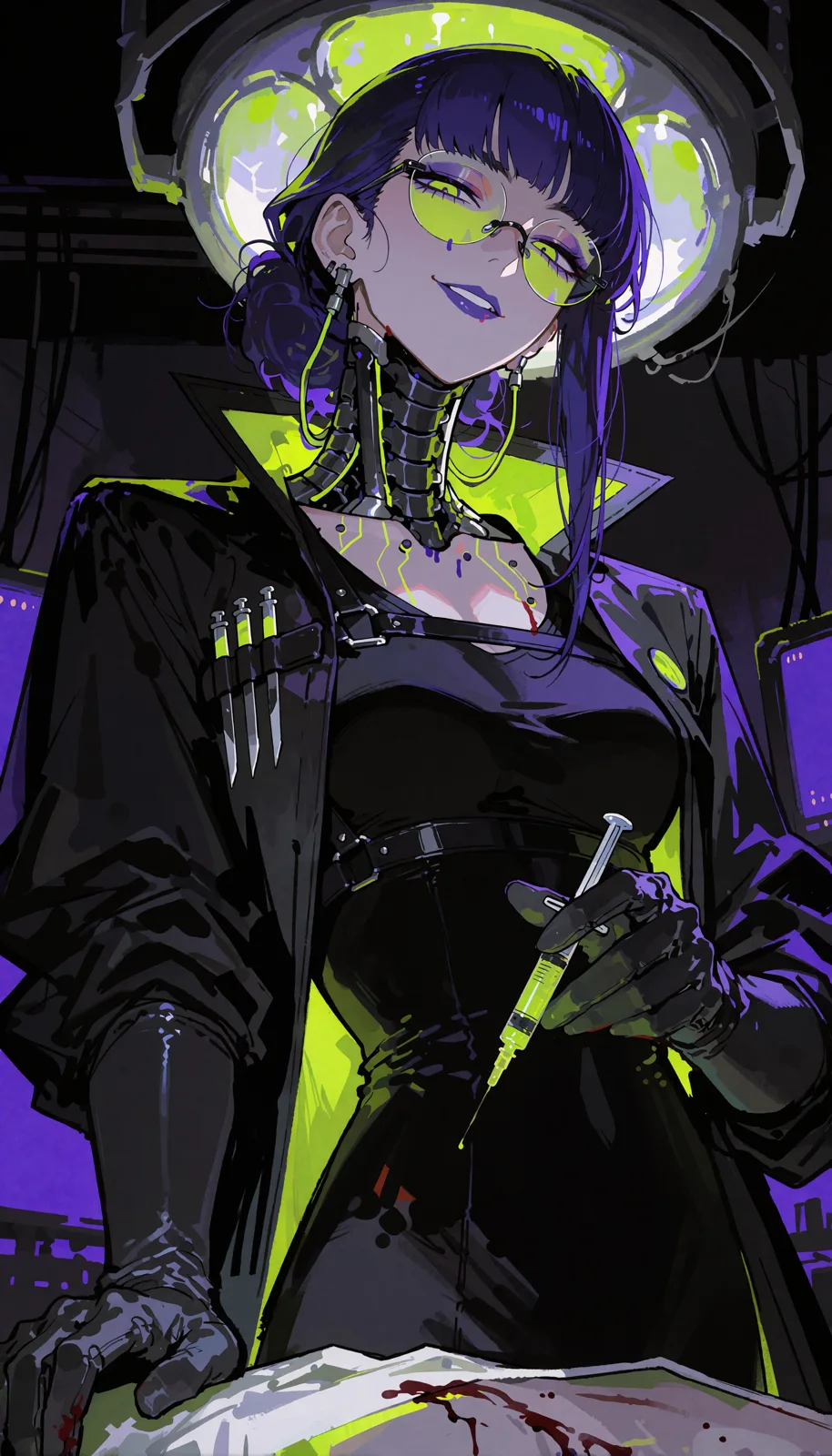 Nightshade: violet hair, acid-green glasses, black mechanical neck, syringe.