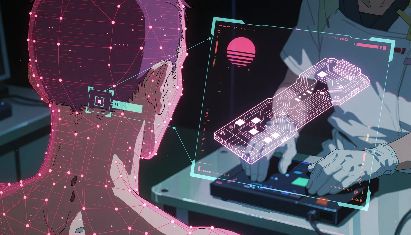 Hologram diagram of an Elysium neural chip implanted at the nape, with pink neural threads.
