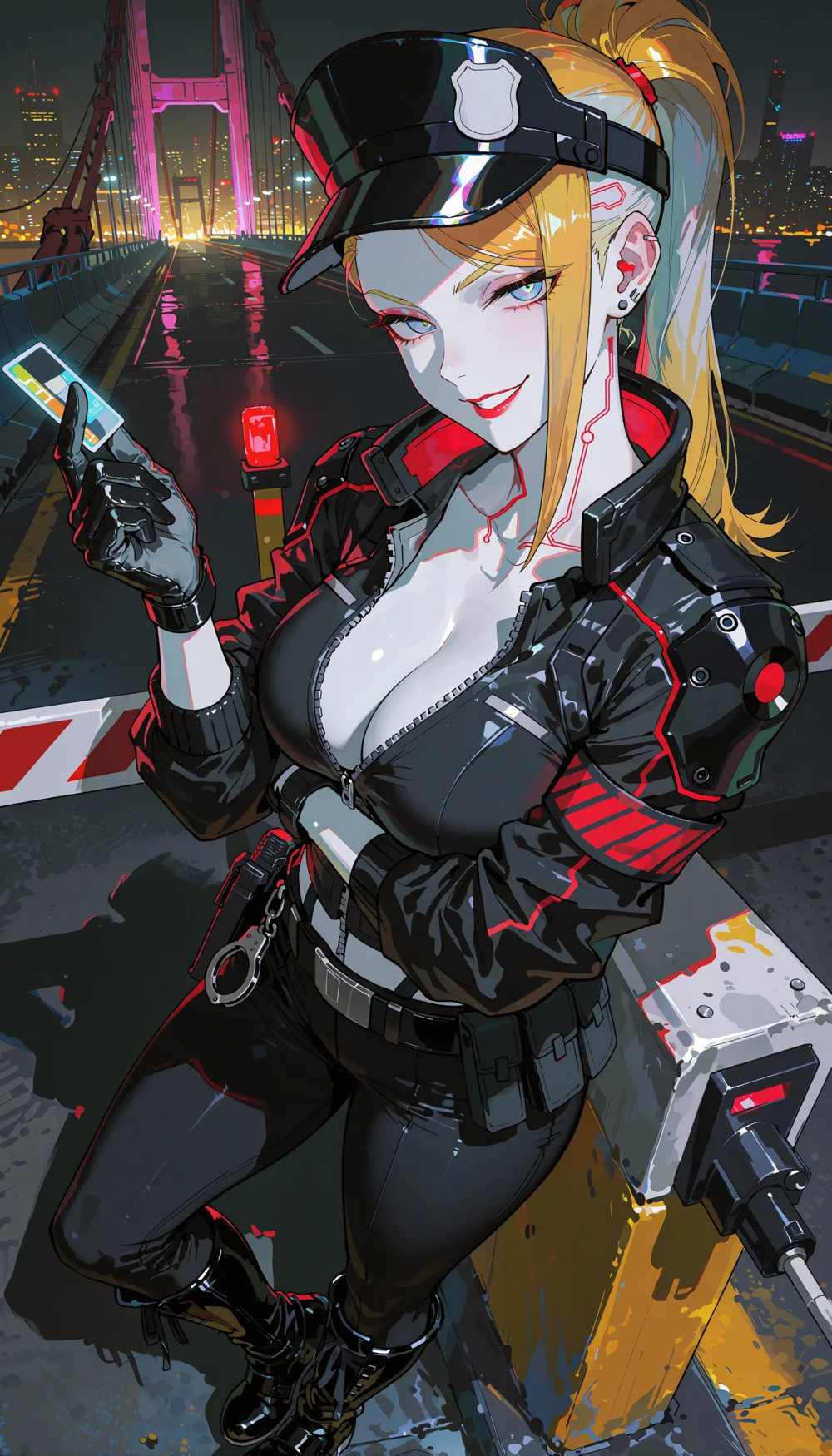Bridget Kessler: blonde high ponytail, ice-blue eyes, red lipstick, tight police uniform unzipped low.