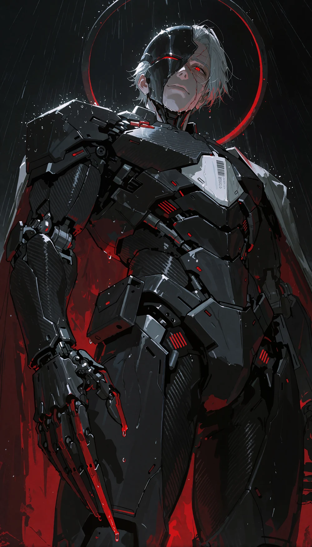 Lucan Marr: black saint-plate across the face, crimson neural halo, obsidian war-chassis, monomolecular claws.