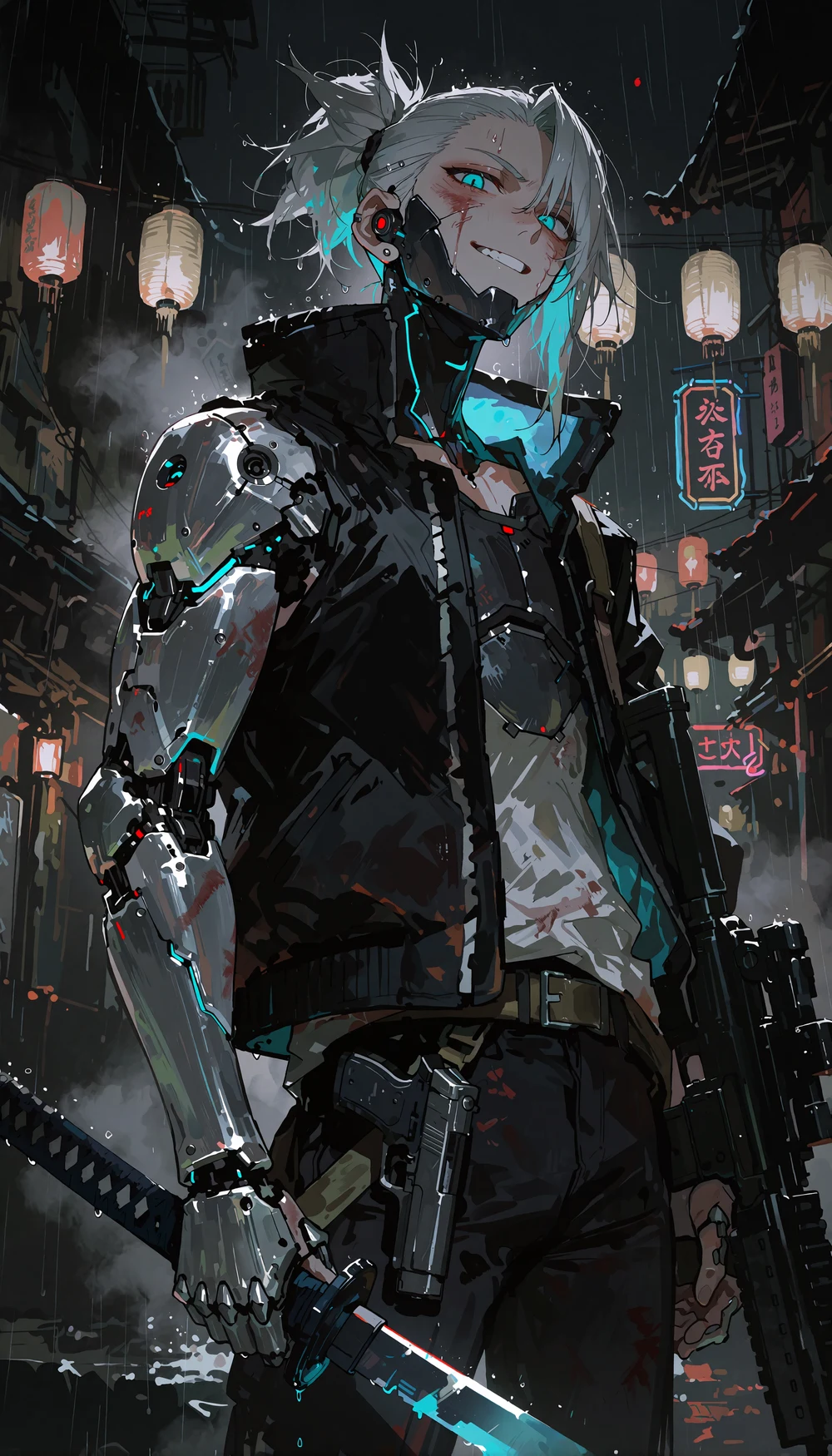 Kai-Lou: young man with spiky silver ponytail, glowing cyan cyber-eyes, chrome jaw plate and a black cybernetic arm, katana in hand.