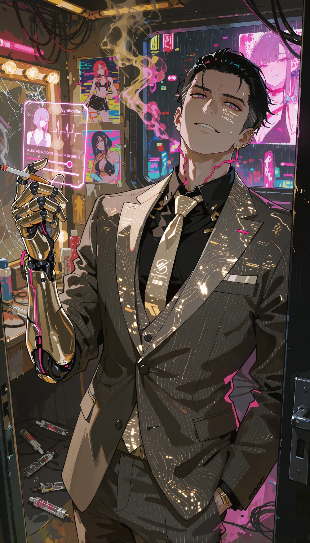 Kenji Mori: slicked black hair, champagne-gold cybernetic right arm, holding holographic Dose Collar override panel.