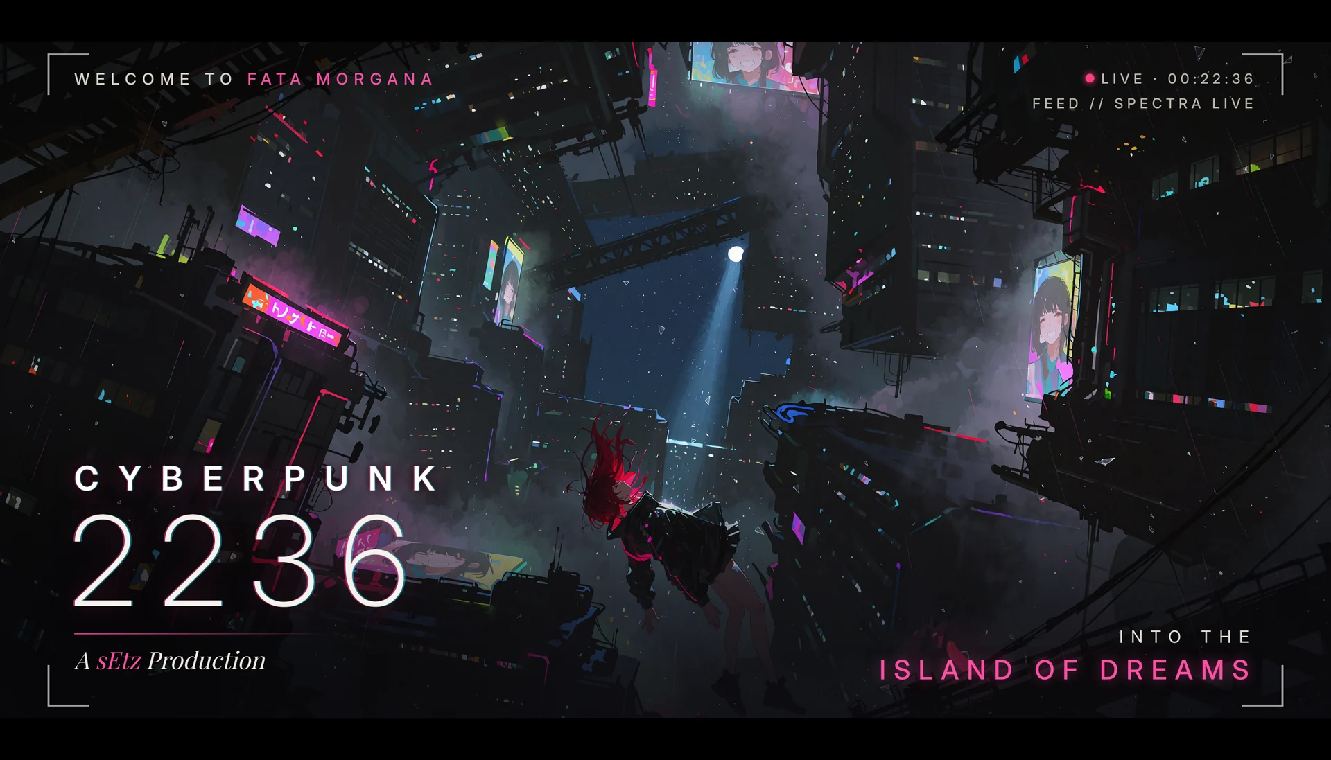 Cyberpunk 2236 key visual, Into the Island of Dreams: a red-haired girl falling between dark megastructures and Feed screens over Fata Morgana.