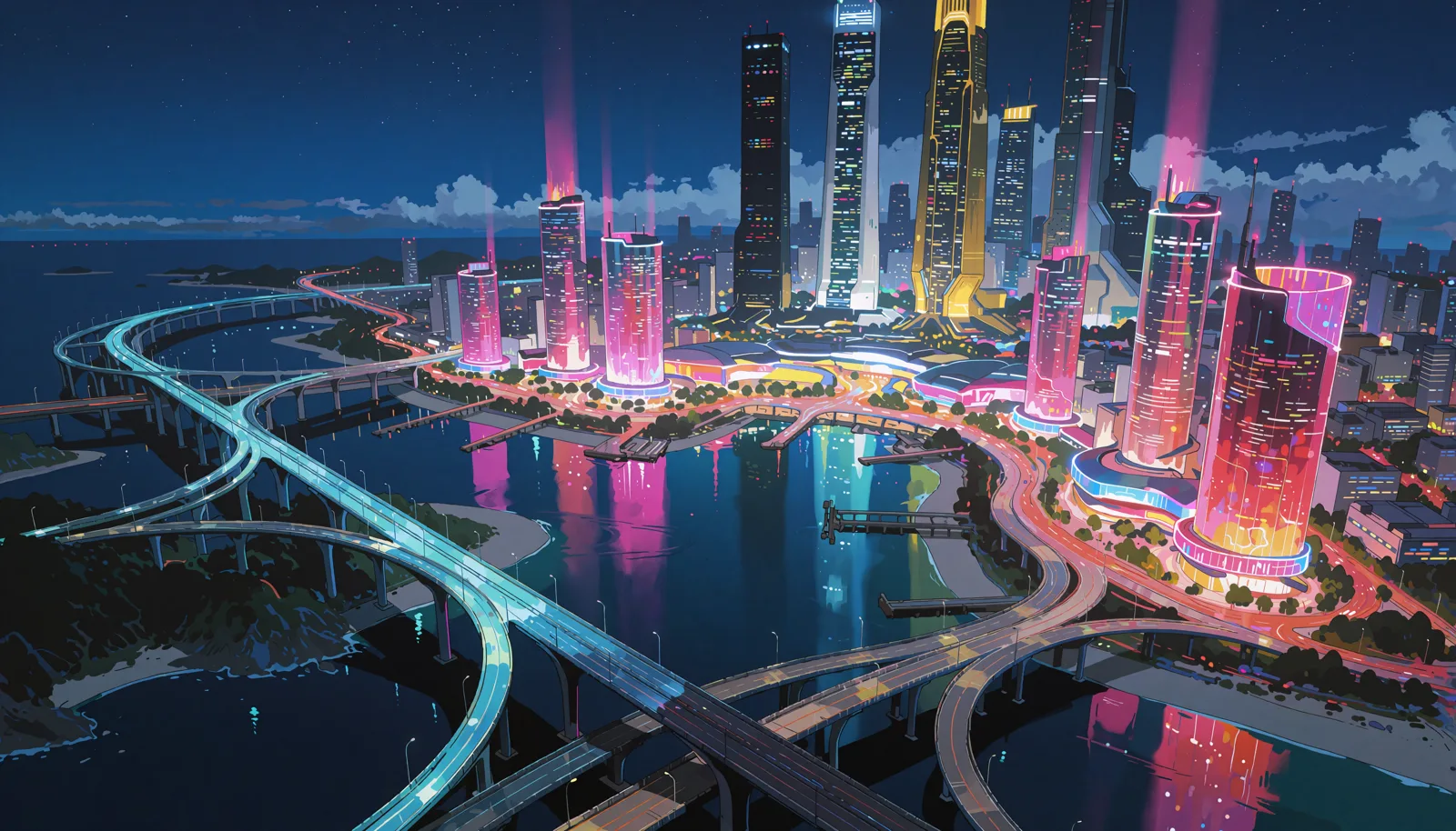 Mirage Row at night from above, blazing pink and amber along the bay.