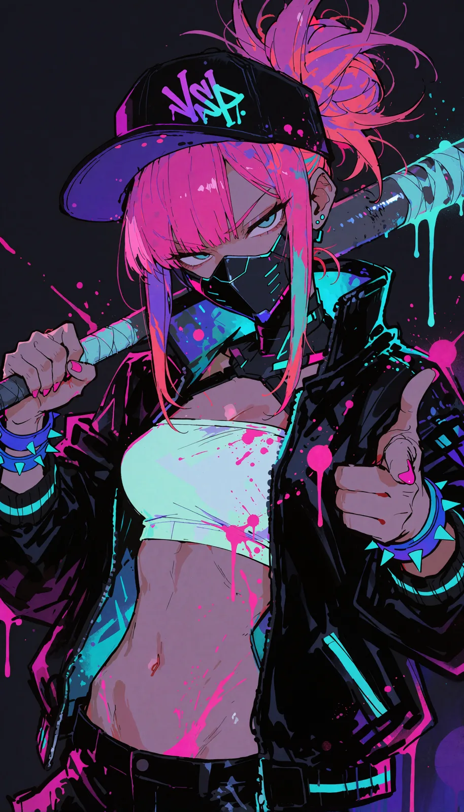 Mosh: hot pink hair in a messy bun, VSP cap, black cyberninja face guard, baseball bat.