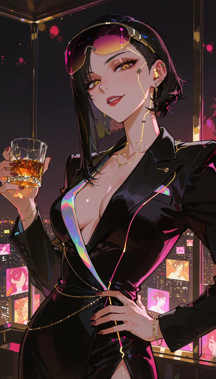 Reina Kurosawa: asymmetric black bob, amber optic eyes, neural visor pushed up, glass of whiskey.