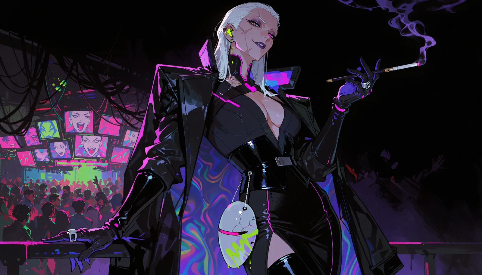 Vesper: platinum hair, black couture suit laced with harness straps, long cigarette holder, cracked Dive mask at her hip.